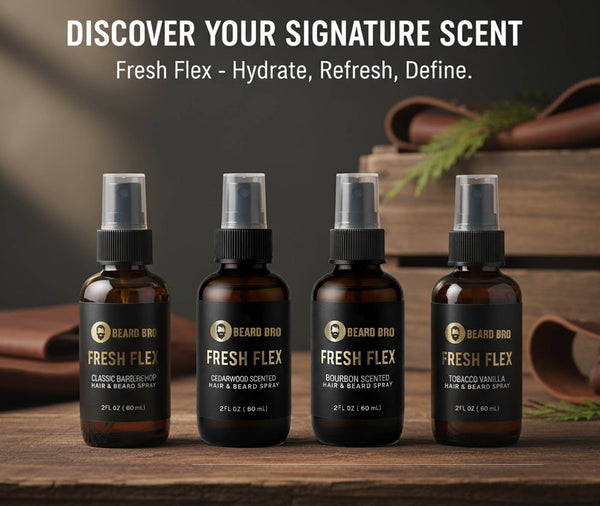 Beard Bro Fresh Flex beard and hair spray, barbershop and bourbon scents, 2 oz bottles.