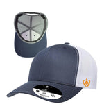Navy blue and white Fieldwar Dry-Core sweat-proof performance hat, designed with moisture-blocking technology, breathable fabric, and a sleek, structured fit for active wear. adjustable back.