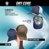 NO SWEAT, WATER RESISTANT OUTER, Fieldwar DRY-CORE Trucker Hats with adjustable back. Foam head band for superior comfort.