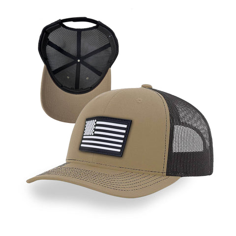 Khaki and Coffee DRY-CORE adjustable mid-profile trucker hat Designed to prevent sweat stains with moisture-repelling technology; one-size-fits-most with breathable mesh back and structured front panel.  with  Black and White Rubber American Flag Patch.