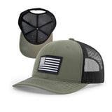 Loden Green and Black DRY-CORE adjustable mid-profile trucker hat Designed to prevent sweat stains with moisture-repelling technology; one-size-fits-most with breathable mesh back and structured front panel.  with  Black and White Rubber American Flag Patch.