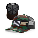 Camo DRY-CORE adjustable mid-profile trucker hat Designed to prevent sweat stains with moisture-repelling technology; one-size-fits-most with breathable mesh back and structured front panel.  with  Black and White Rubber American Flag Patch.