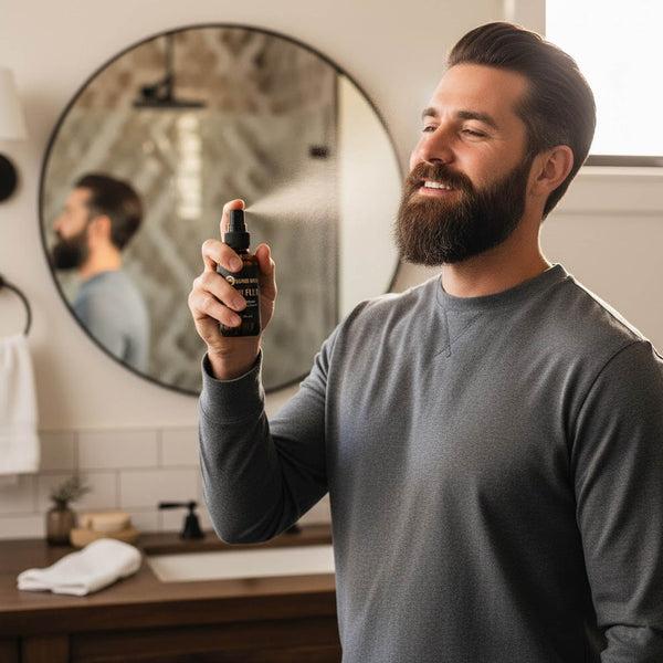 Man applying Beard Bro Fresh Flex scented hair mist product in front of a mirror in a bathroom.