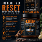 Reset beard softening cream jar with benefits listed on a dark background