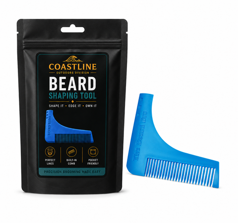 Beard shaping tool with packaging labeled 'Coastline' on a white background