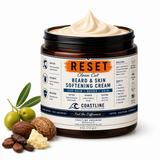 Jar of 3 in 1 Reset Clean Cut Beard & Skin Softening Cream with natural ingredients on a white background