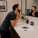 Man shaving in front of a bathroom mirror with a sink and toiletries.
