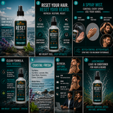 Promotional collage of a hair and beard product with text and images of use.