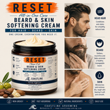 Advertisement for Reset All-in-One Care Beard & Skin Softening Cream with product packaging and usage images.