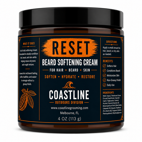 Jar of Reset Beard Softening Cream with black lid on a white background