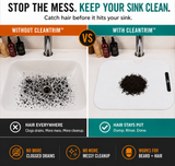 Comparison of a sink with and without Cleantrim to catch hair, showing the difference in hair accumulation.