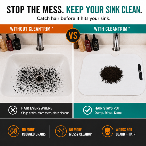 Comparison of a sink with and without Cleantrim to catch hair, showing the difference in hair accumulation.