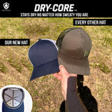 NO SWEAT, WATER RESISTANT OUTER, Fieldwar DRY-CORE Trucker Hats with adjustable back. Foam head band for superior comfort.