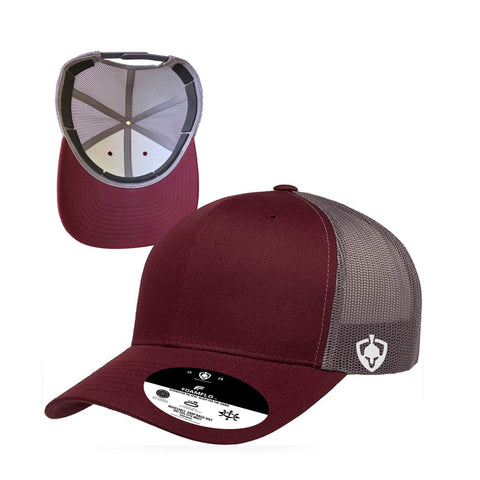 Burgandy and Grey Fieldwar Dry-Core sweat-proof performance hat, designed with moisture-blocking technology, breathable fabric, and a sleek, structured fit for active wear