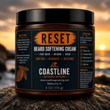 Jar of Reset Beard Softening Cream with sunset background