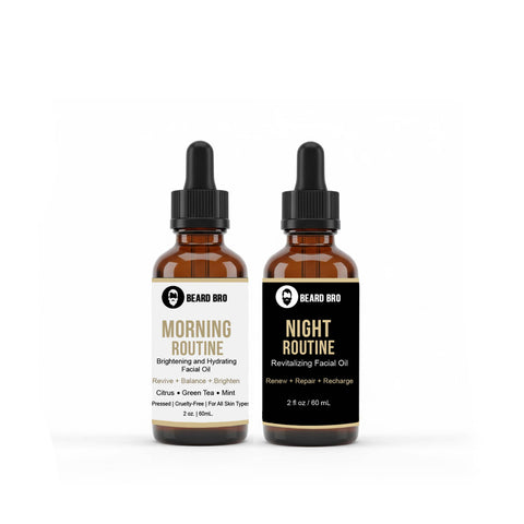 Morning Revive and Night Repair Facial Oil Set – natural day and night skincare oils in amber glass bottles with gold labels, designed to hydrate, smooth, and brighten skin.